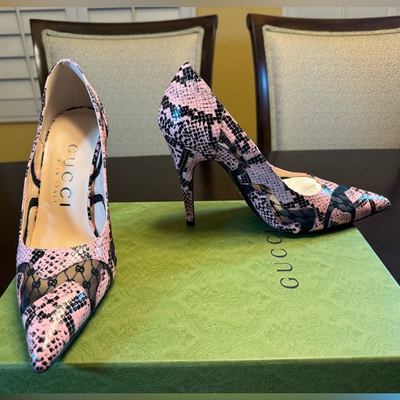 New Gucci Python Print GG Logo High Heels Shoes Pink Black Size 37.5 / US 7.5 - Picture 8 of 16